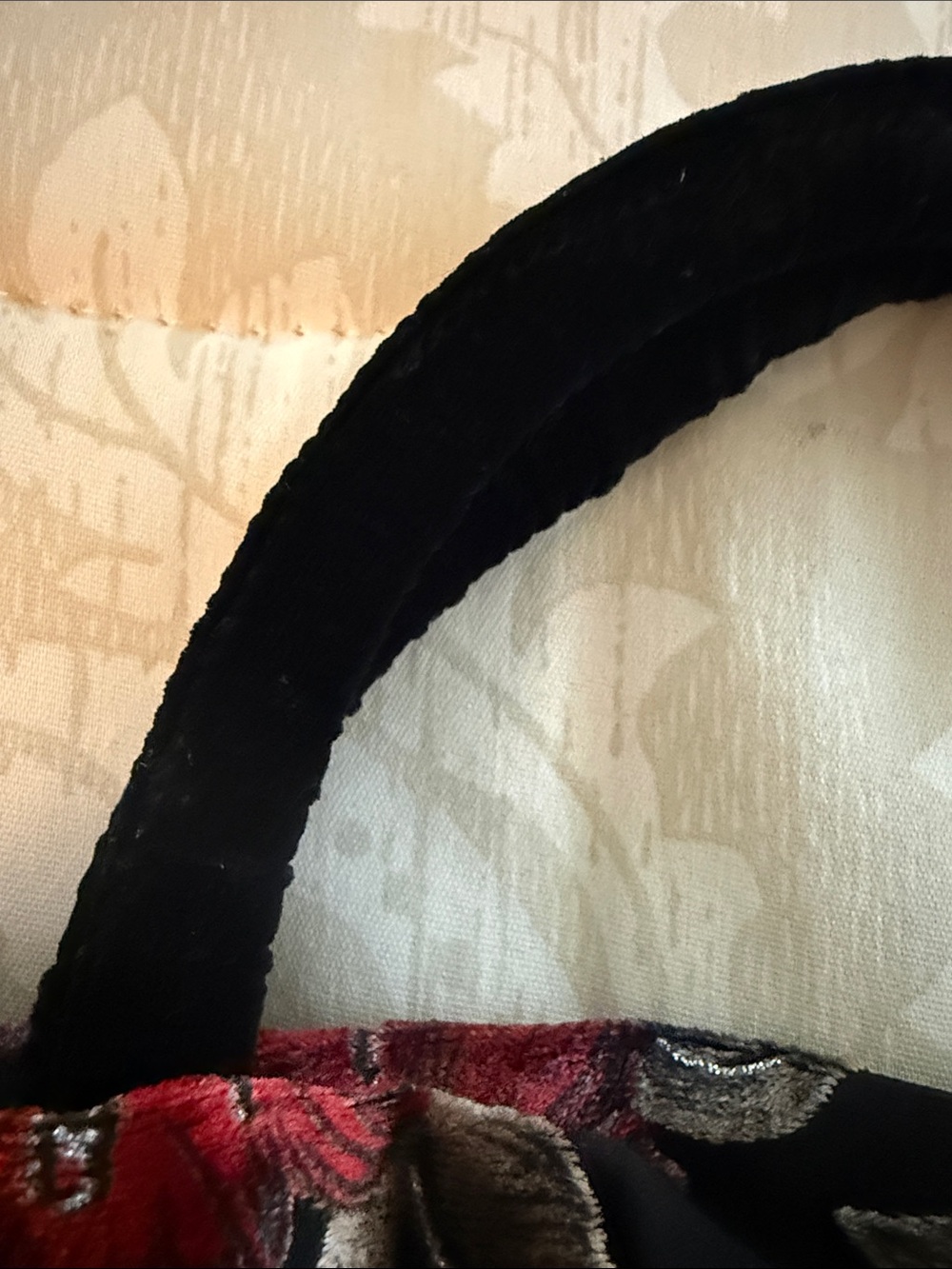 Embroidered Black Satin Mini Drawstring Bag with Red Floral Accents - Picture 4 of 5